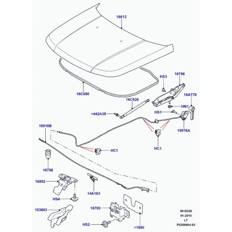 Land rover levier deverrouillage de capot Discovery 3, Range Sport (LR050752)