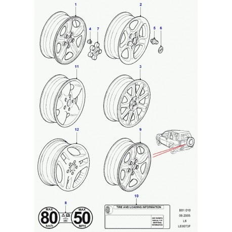 Land rover decalque indicatr.-pression pneus Discovery 3, Freelander 1, Range L322, Sport (RTC500500)