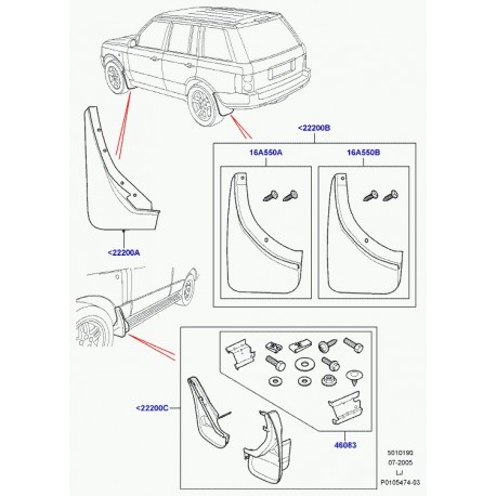 Land rover bavette avant droite Range L322 (VUB001320)