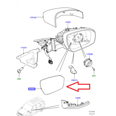Land rover glace retroviseur exterieur droit  Range (LR035061)