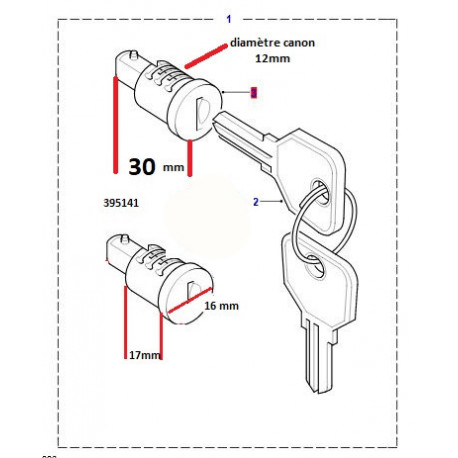 Commander kit 1 barillet avec 2 cles pour porte arriere arriere