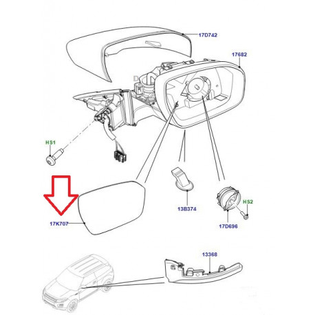 Land rover glace retroviseur droit exterieur Evoque (LR025225)