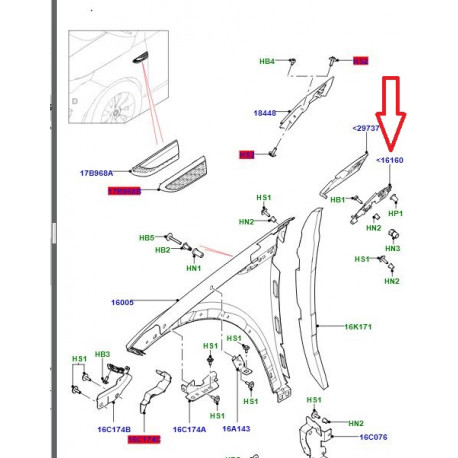 Land rover support moulure aile avant droite (LR087699)